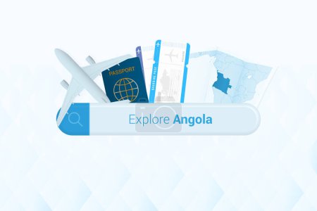 Ilustración de Buscando billetes a Angola o destino de viaje en Angola. Barra de búsqueda con avión, pasaporte, tarjeta de embarque, billetes y mapa. - Imagen libre de derechos
