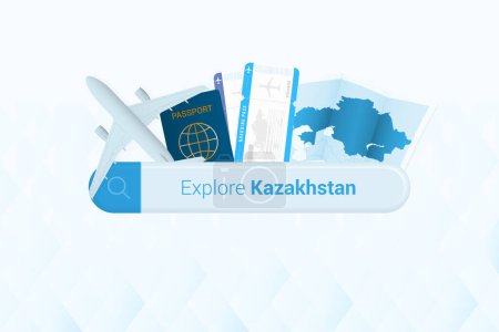 Téléchargez les illustrations : Recherche de billets pour le Kazakhstan ou une destination voyage au Kazakhstan. Barre de recherche avec avion, passeport, carte d'embarquement, billets et carte. - en licence libre de droit