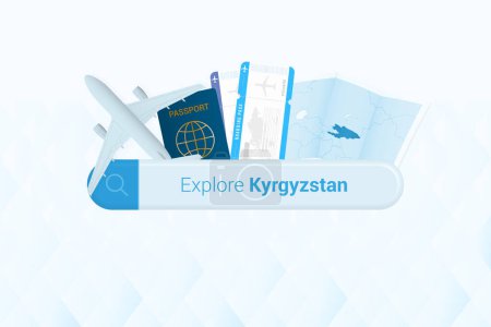 Téléchargez les illustrations : Recherche de billets pour le Kirghizistan ou une destination de voyage au Kirghizistan. Barre de recherche avec avion, passeport, carte d'embarquement, billets et carte. - en licence libre de droit
