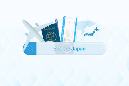 Ilustración de Buscando billetes a Japón o destino de viaje en Japón. Barra de búsqueda con avión, pasaporte, tarjeta de embarque, billetes y mapa. - Imagen libre de derechos