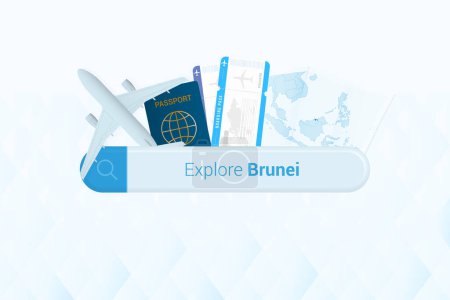 Ilustración de Buscando billetes a Brunei o destino de viaje en Brunei. Barra de búsqueda con avión, pasaporte, tarjeta de embarque, billetes y mapa. - Imagen libre de derechos