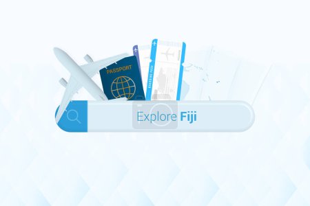 Illustration for Searching tickets to Fiji or travel destination in Fiji. Searching bar with airplane, passport, boarding pass, tickets and map. - Royalty Free Image