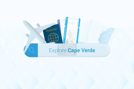 Illustration for Searching tickets to Cape Verde or travel destination in Cape Verde. Searching bar with airplane, passport, boarding pass, tickets and map. - Royalty Free Image