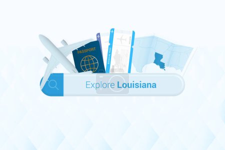 Téléchargez les illustrations : Recherche de billets pour la Louisiane ou une destination de voyage en Louisiane. Barre de recherche avec avion, passeport, carte d'embarquement, billets et carte. - en licence libre de droit