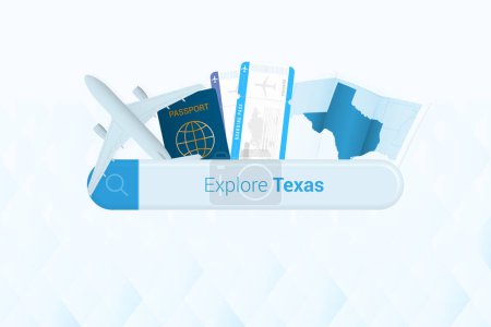 Ilustración de Buscando boletos a Texas o destino de viaje en Texas. Barra de búsqueda con avión, pasaporte, tarjeta de embarque, billetes y mapa. - Imagen libre de derechos