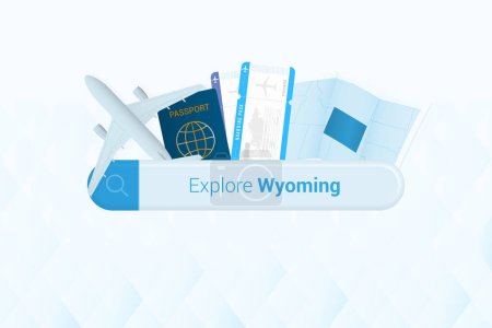 Ilustración de Buscando boletos a Wyoming o destino de viaje en Wyoming. Barra de búsqueda con avión, pasaporte, tarjeta de embarque, billetes y mapa. - Imagen libre de derechos