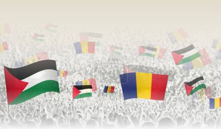 Illustration for Palestine and Romania flags in a crowd of cheering people. - Royalty Free Image