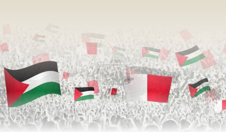 Téléchargez les illustrations : Drapeaux palestiniens et maltais dans une foule d'applaudissements. - en licence libre de droit