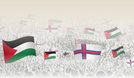 Illustration for Palestine and Faroe Islands flags in a crowd of cheering people. - Royalty Free Image