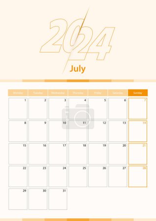Téléchargez les illustrations : Feuille de calendrier verticale vectorielle moderne pour juillet 2024, planificateur en anglais. - en licence libre de droit