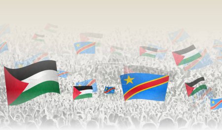 Ilustración de Palestina y la RD del Congo banderas en una multitud de personas vitoreando. - Imagen libre de derechos