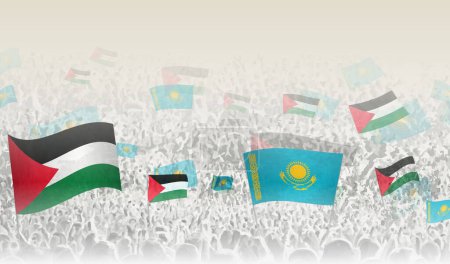 Téléchargez les illustrations : La Palestine et le Kazakhstan drapeaux dans une foule de gens encourageants. - en licence libre de droit