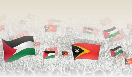 Illustration for Palestine and East Timor flags in a crowd of cheering people. - Royalty Free Image