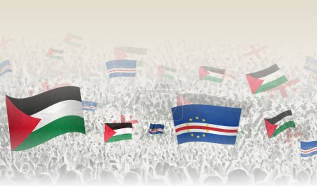 Ilustración de Palestina y Cabo Verde banderas en una multitud de personas animando. - Imagen libre de derechos
