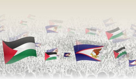 Ilustración de Palestina y Samoa Americana banderas en una multitud de personas animando. - Imagen libre de derechos