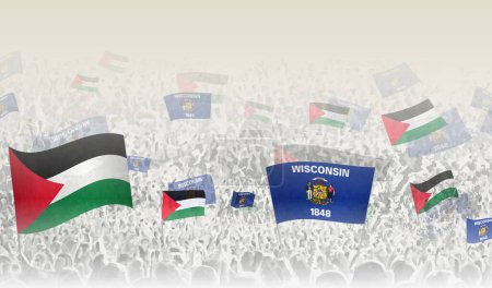 Ilustración de Palestina y Wisconsin banderas en una multitud de personas animando. - Imagen libre de derechos