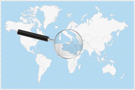 Téléchargez les illustrations : Magnifier le verre montrant une carte de Malte sur une carte du monde. - en licence libre de droit