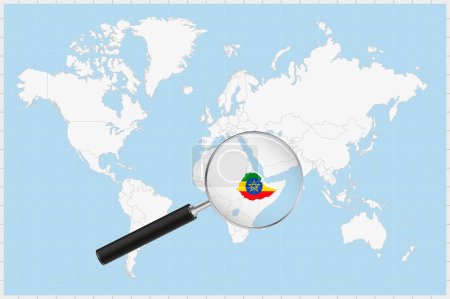 Illustration pour Magnifier le verre montrant une carte de L'Ethiopie sur une carte du monde. - image libre de droit