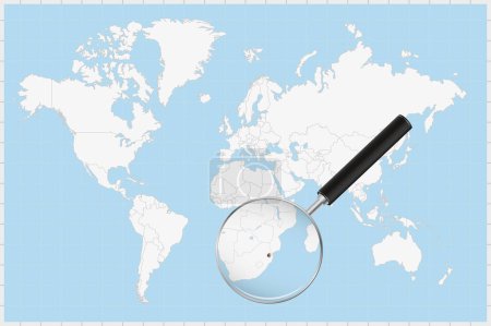 Téléchargez les illustrations : Magnifier le verre montrant une carte de Le Swaziland sur une carte du monde. - en licence libre de droit