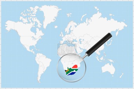 Illustration for Magnifying glass showing a map of South Africa on a world map. - Royalty Free Image