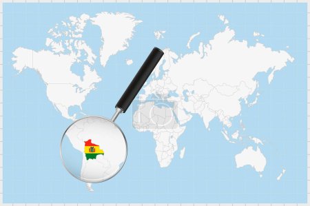 Téléchargez les illustrations : Magnifier le verre montrant une carte de La Bolivie sur une carte du monde. - en licence libre de droit