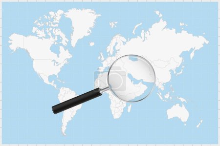 Illustration for Magnifying glass showing a map of Bahrain on a world map. - Royalty Free Image
