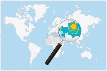 Téléchargez les illustrations : Loupe montrant une carte du Kazakhstan sur une carte du monde. - en licence libre de droit