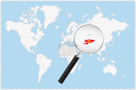 Téléchargez les illustrations : Magnifier le verre montrant une carte de Kirghizistan sur une carte du monde. - en licence libre de droit