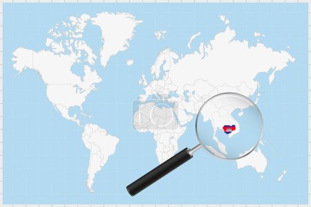 Téléchargez les illustrations : Magnifier le verre montrant une carte du Cambodge sur une carte du monde. - en licence libre de droit