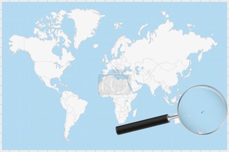 Téléchargez les illustrations : Magnifier le verre montrant une carte de Fidji sur une carte du monde. - en licence libre de droit