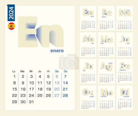 Ilustración de Calendario 2024 plantilla en idioma español, calendario minimalista fijado para 2024 año. - Imagen libre de derechos