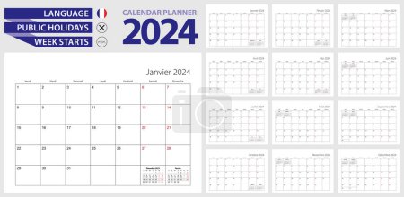 Ilustración de Planificador de calendario francés para 2024. Idioma francés, semana comienza el lunes. - Imagen libre de derechos