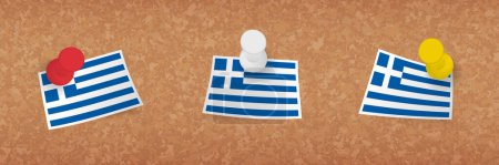 Illustration for Greece flag pinned in cork board, three versions of Greece flag. - Royalty Free Image