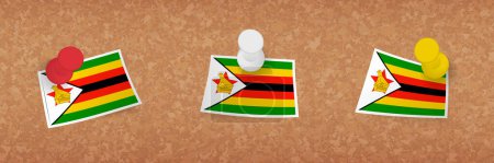 Illustration for Zimbabwe flag pinned in cork board, three versions of Zimbabwe flag. - Royalty Free Image