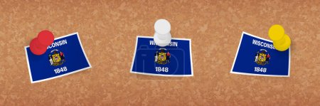 Ilustración de Bandera de Wisconsin fijada en tablero de corcho, tres versiones de la bandera de Wisconsin. - Imagen libre de derechos