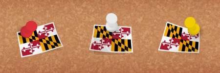Illustration for Maryland flag pinned in cork board, three versions of Maryland flag. - Royalty Free Image