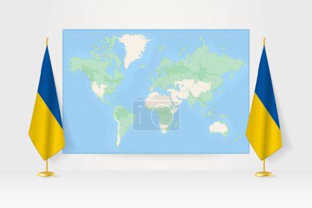 Illustration for World Map between two hanging flags of Ukraine flag stand. - Royalty Free Image