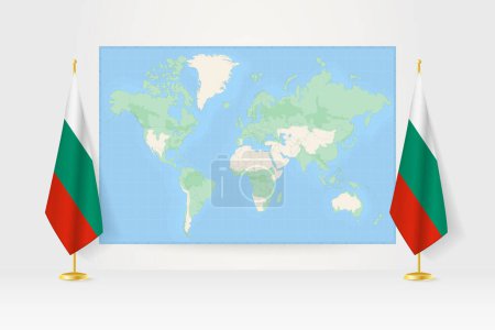 Illustration for World Map between two hanging flags of Bulgaria flag stand. - Royalty Free Image