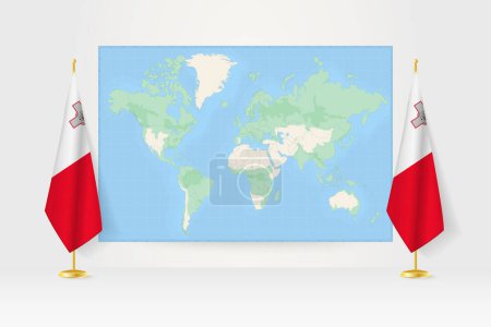 Téléchargez les illustrations : Carte du monde entre deux drapeaux suspendus de Malte drapeau stand. - en licence libre de droit