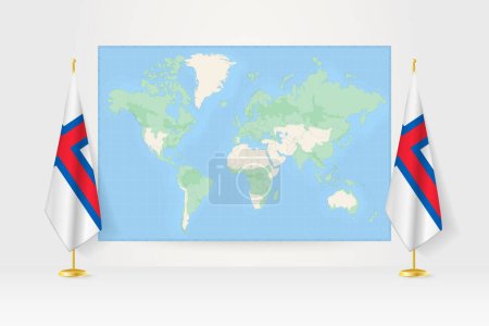 Illustration for World Map between two hanging flags of Faroe Islands flag stand. - Royalty Free Image