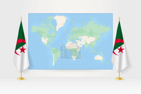Weltkarte zwischen zwei hängenden Flaggen Algeriens.