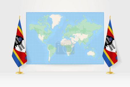 Illustration for World Map between two hanging flags of Swaziland flag stand. - Royalty Free Image