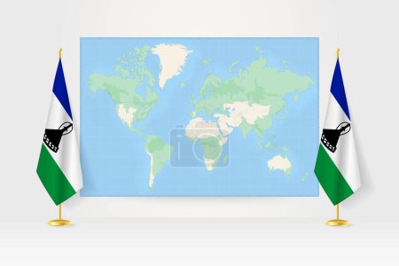 Ilustración de Mapa del mundo entre dos banderas colgantes de Lesotho. - Imagen libre de derechos