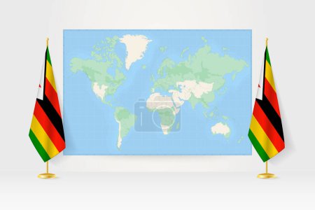 Illustration for World Map between two hanging flags of Zimbabwe flag stand. - Royalty Free Image
