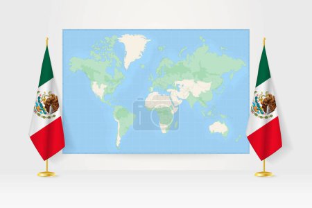 Illustration for World Map between two hanging flags of Mexico flag stand. - Royalty Free Image