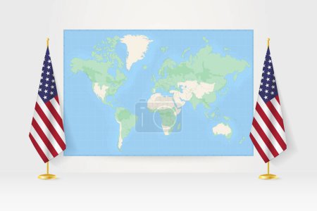 Illustration for World Map between two hanging flags of USA flag stand. - Royalty Free Image
