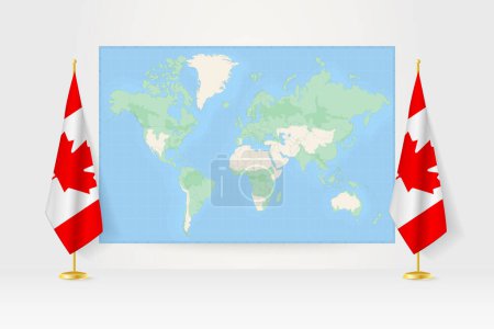 Illustration for World Map between two hanging flags of Canada flag stand. - Royalty Free Image