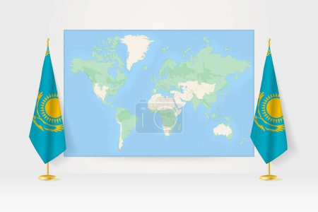 Téléchargez les illustrations : Carte du monde entre deux drapeaux suspendus du Kazakhstan stand de drapeau. - en licence libre de droit