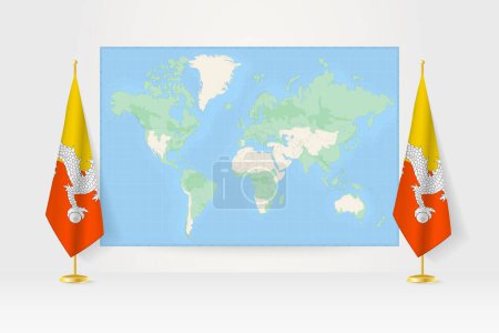Illustration for World Map between two hanging flags of Bhutan flag stand. - Royalty Free Image