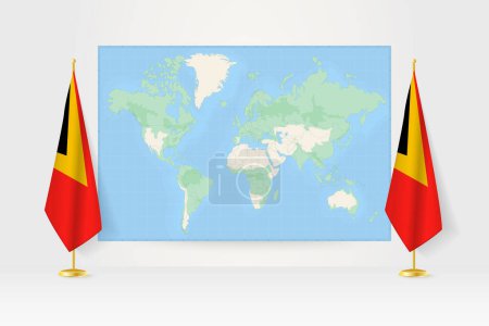 Illustration for World Map between two hanging flags of East Timor flag stand. - Royalty Free Image